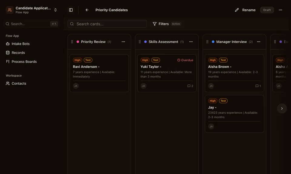 Process Board with cards in multiple phases