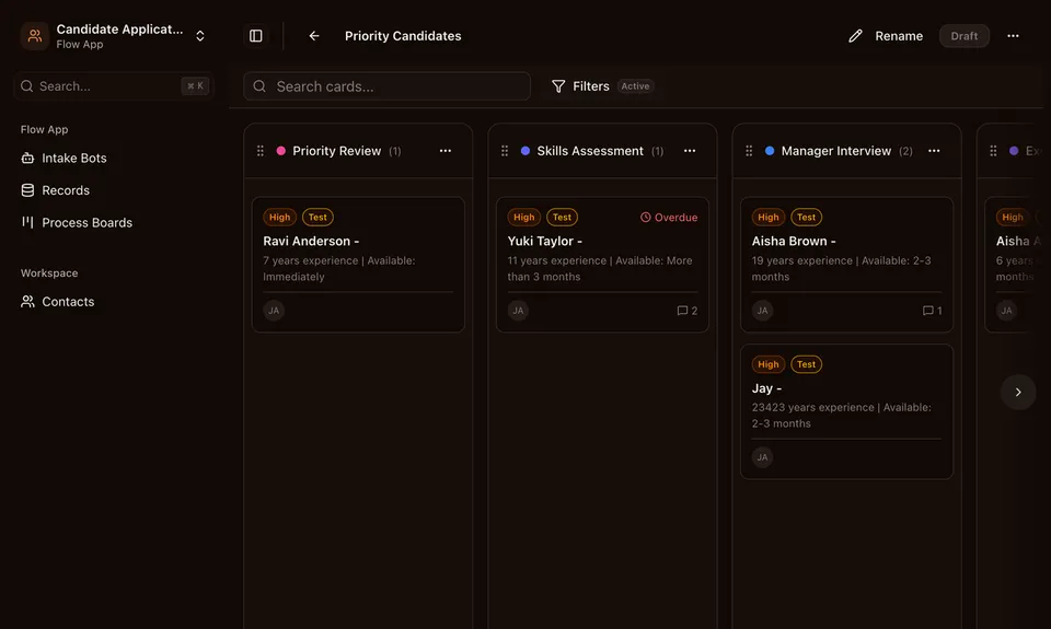Process Board with cards in multiple phases