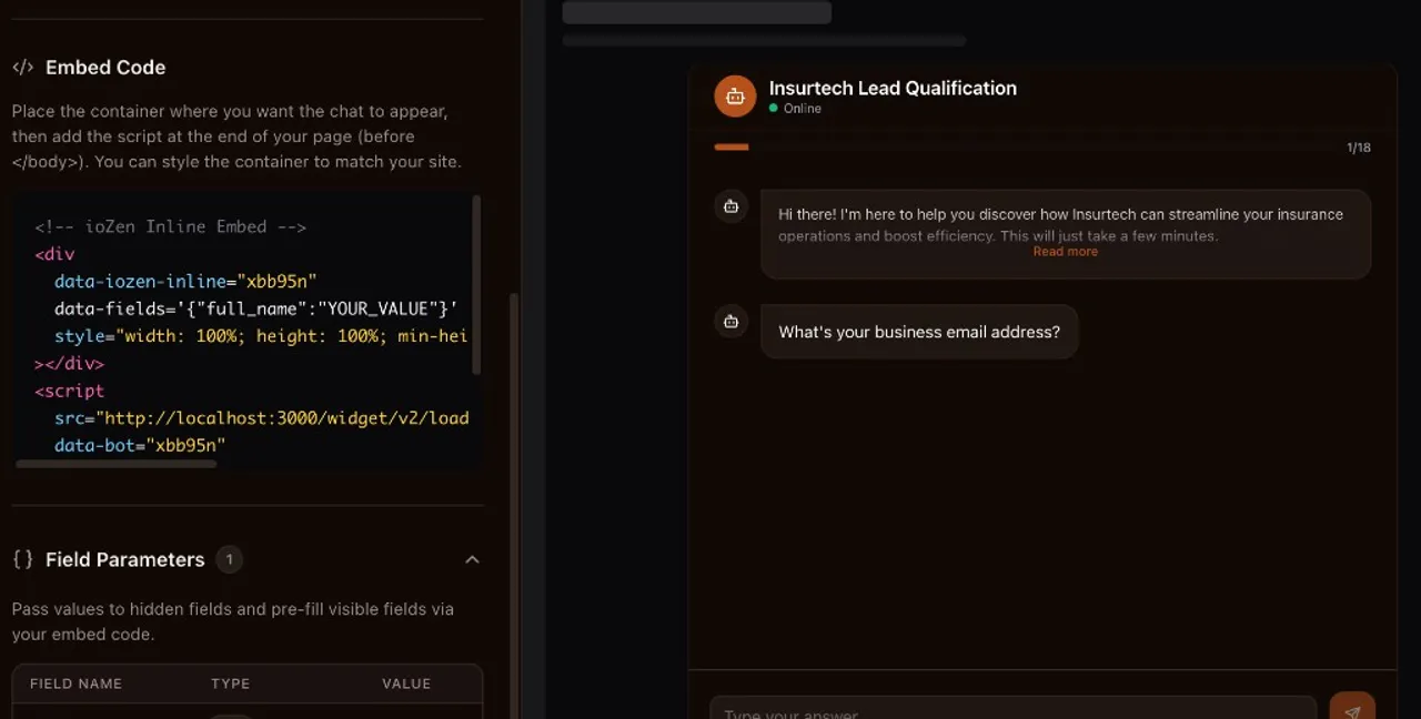Publish panel showing embed code with hidden field parameters and their values, gated for Pro+ plans