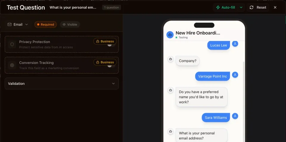 Test dialog with Auto-fill split button and auto-played conversation filling realistic test data