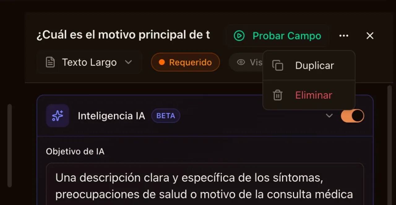 Field actions dropdown showing Duplicate option in the Intake Bot editor