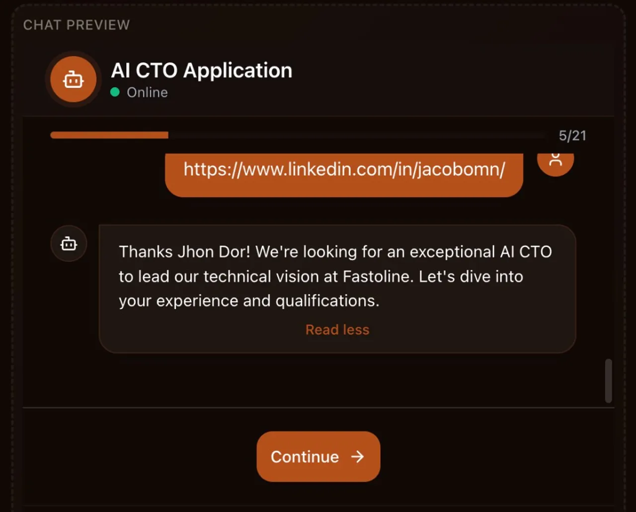 Content block in the chat flow with a resolved template variable showing the respondent's name