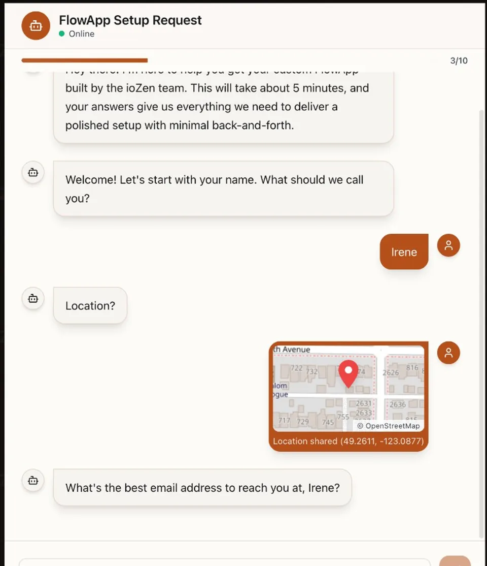 Public IntakeBot chat showing geolocation capture — user shares their location and a static OpenStreetMap tile preview appears with coordinates (49.2611, -123.0877) and a red pin marker