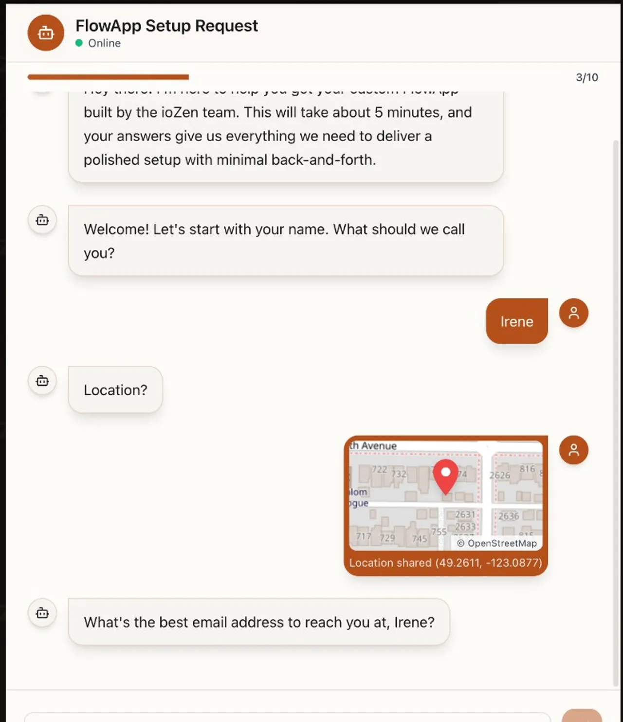 Public IntakeBot chat showing geolocation capture — user shares their location and a static OpenStreetMap tile preview appears with coordinates (49.2611, -123.0877) and a red pin marker