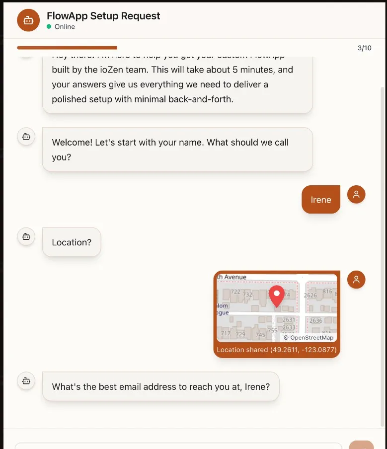 Public IntakeBot chat showing geolocation capture — user shares their location and a static OpenStreetMap tile preview appears with coordinates (49.2611, -123.0877) and a red pin marker