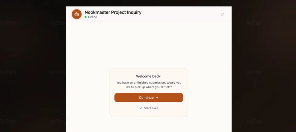 Resume prompt showing Welcome back with Continue and Start over buttons