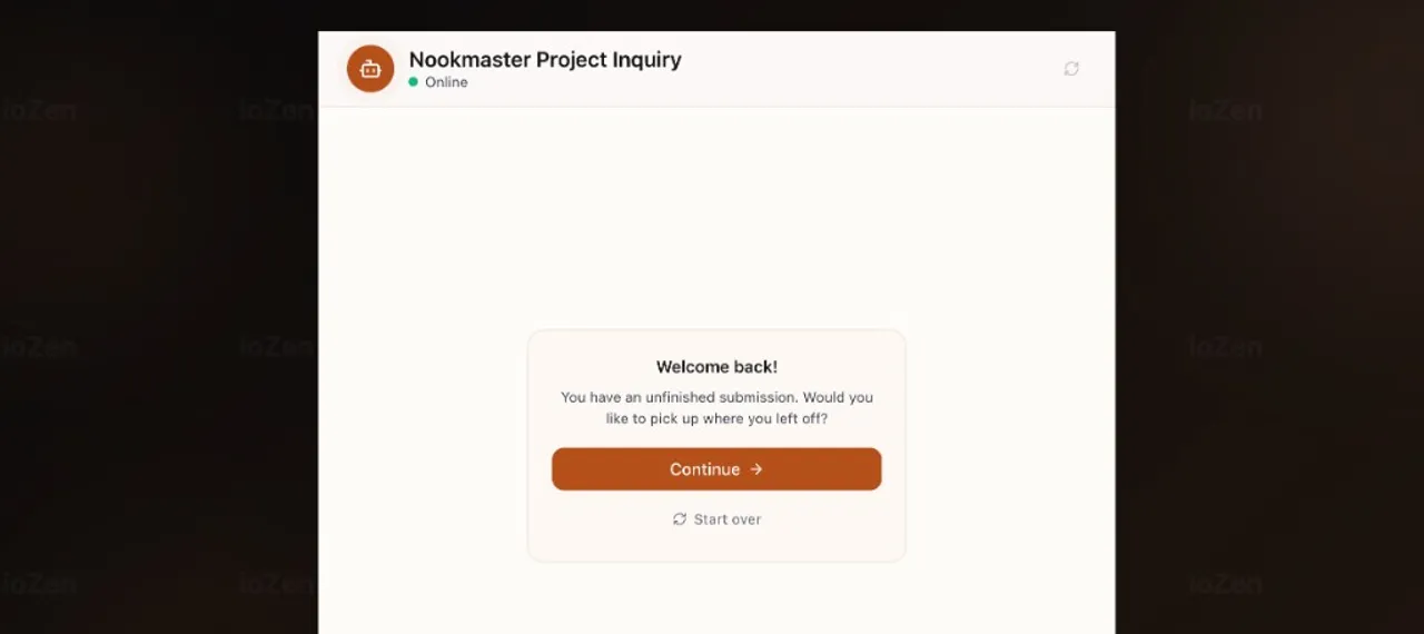 Resume prompt showing Welcome back with Continue and Start over buttons