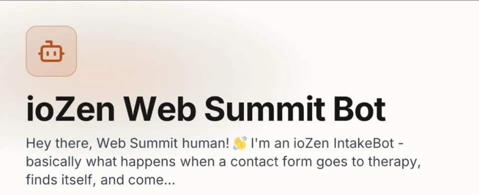 Open Graph preview card for the ioZen Web Summit Bot showing the bot avatar, title, welcome message, and a 'Powered by iozen' wordmark in the corner
