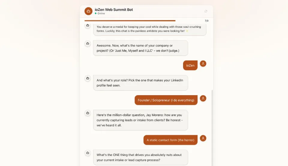 Public Intake Bot chat showing a multi-turn conversation with bot questions, user answers as chips, a content block, and the persistent text composer at the bottom with a long answer typed in