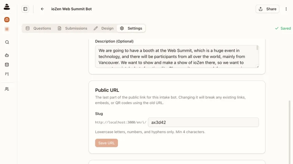 Intake Bot Settings tab showing the Public URL section with a slug input prefixed by the bot's base URL and a Save URL button below it