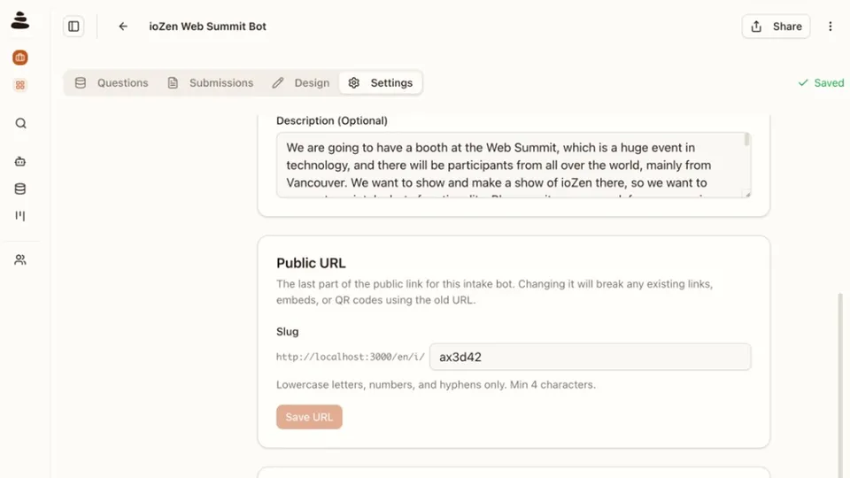 Intake Bot Settings tab showing the Public URL section with a slug input prefixed by the bot's base URL and a Save URL button below it
