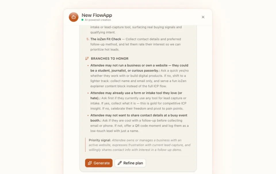 New FlowApp creation modal showing a numbered conversation plan, a Branches to Honor section, a Priority signal block, Generate and Refine plan buttons, and a 'Describe what you'd like to change' input below the card