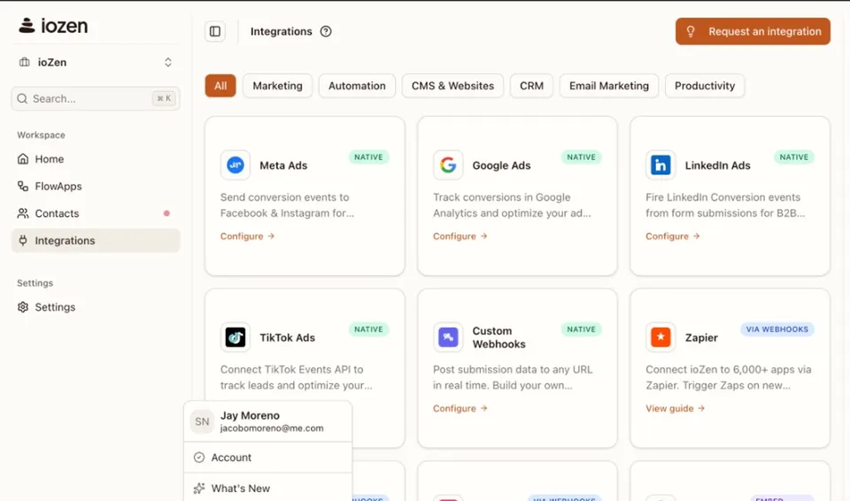 ioZen user menu open on the Integrations page with the Send feedback option highlighted next to Account, What's New, and Help Center entries