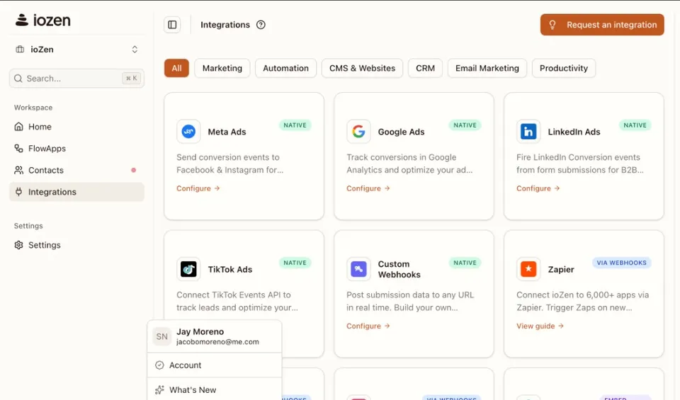 ioZen user menu open on the Integrations page with the Send feedback option highlighted next to Account, What's New, and Help Center entries