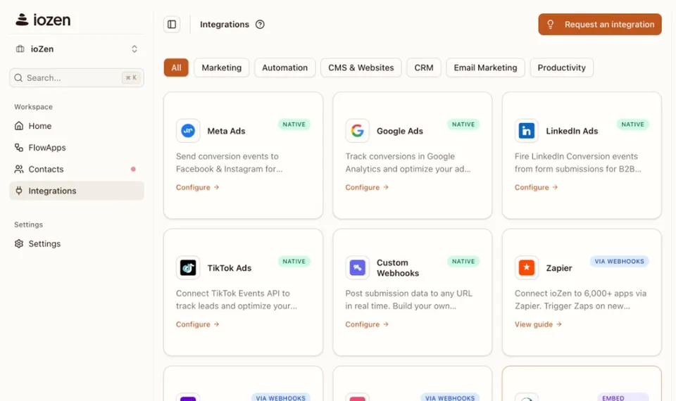 Integrations page showing category filters and cards for Meta Ads, Google Ads, LinkedIn Ads, TikTok Ads, Custom Webhooks, Zapier, Make, n8n, and WordPress with Native, Via Webhooks, and Embed Guide status badges
