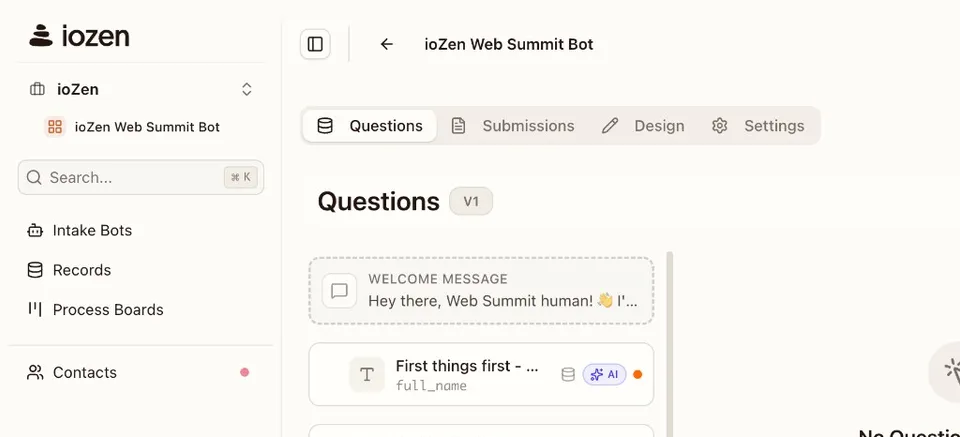ioZen sidebar with the new wordmark, the ioZen workspace switcher at the top, the ioZen Web Summit Bot active in the FlowApp section, and the Intake Bot editor open on the right