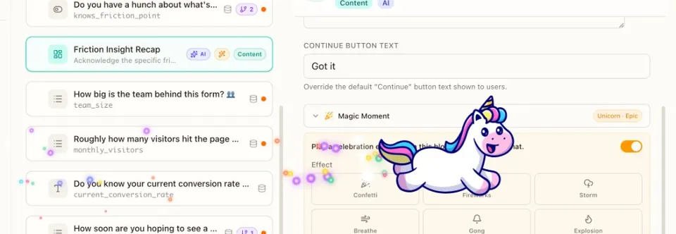 Magic Moment settings panel showing the Unicorn effect selected with Epic intensity on a content block