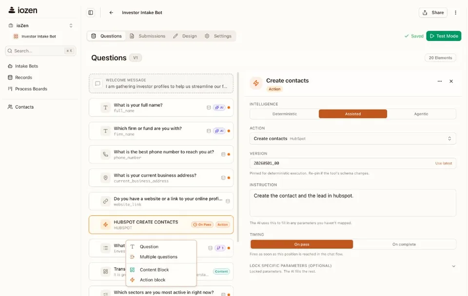 Intake Bot editor showing a HubSpot Create Contacts action block configured with Assisted intelligence mode