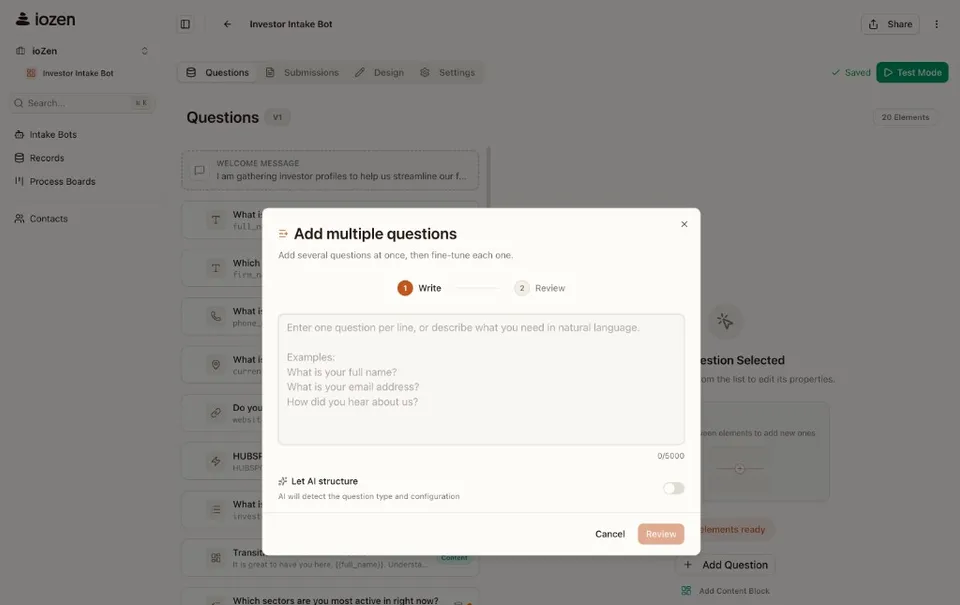 Add multiple questions modal in the Intake Bot editor showing a text area for entering questions and a Let AI structure toggle