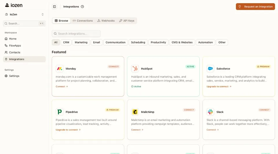 Integrations Browse directory showing Featured integrations including HubSpot, Monday, Salesforce, and Slack with Standard and Premium tier labels