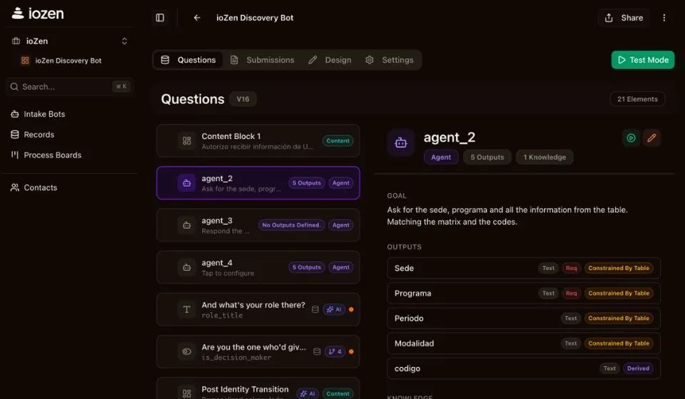 Agent block editor showing a goal, structured outputs, an attached knowledge record table, and max turns and credit budget settings