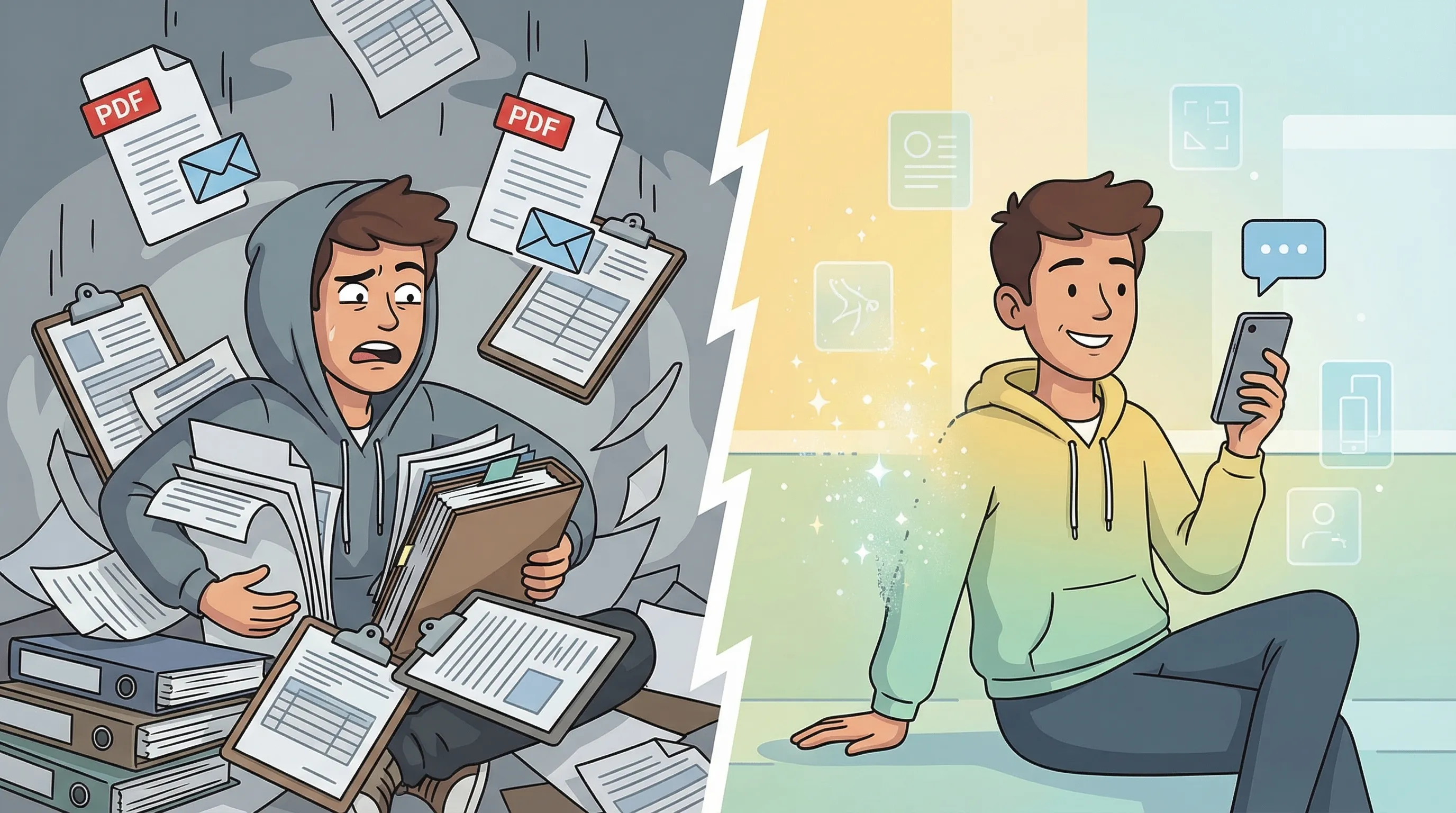 Before: buried under paper forms. After: a simple conversation on your phone.