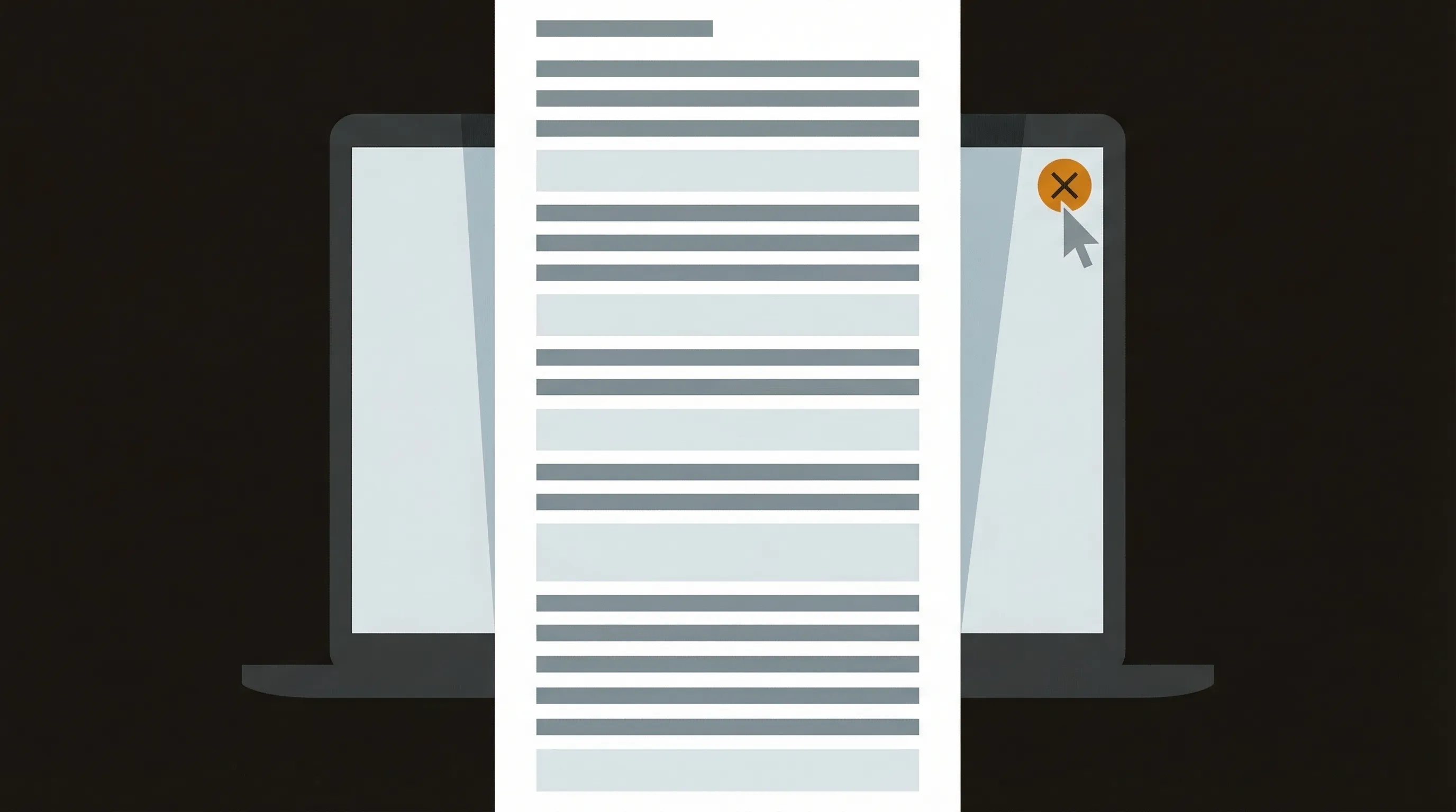 Laptop in a dark room showing a long form with cursor hovering over the close button