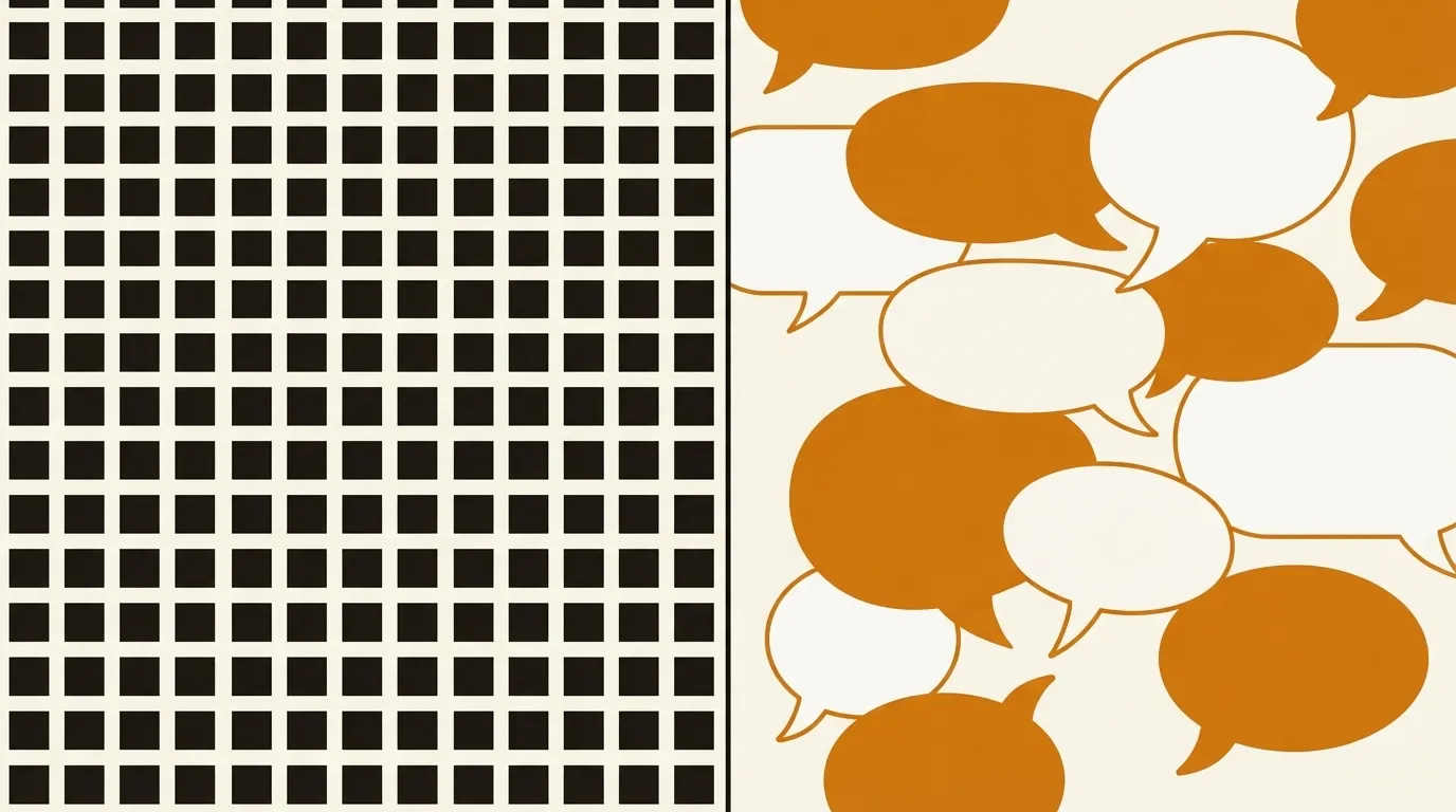 Two modes: a rigid cold grid of form fields on the left versus warm flowing conversation bubbles on the right