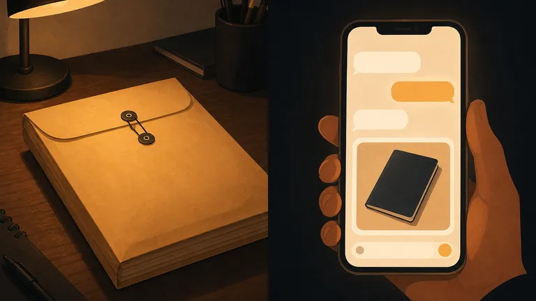 Un sobre cerrado en un escritorio junto a un teléfono con un chat y la foto de un pasaporte