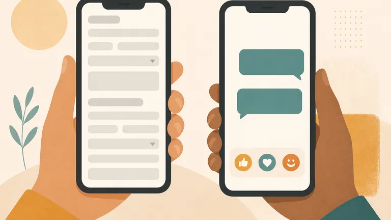 Un formulario web largo y vacío en un teléfono, al lado de un chat corto con botones de respuesta en otro