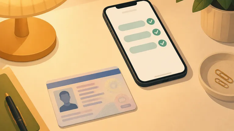 Una credencial genérica en un escritorio y un teléfono con tres campos llenos y marcas de verificación