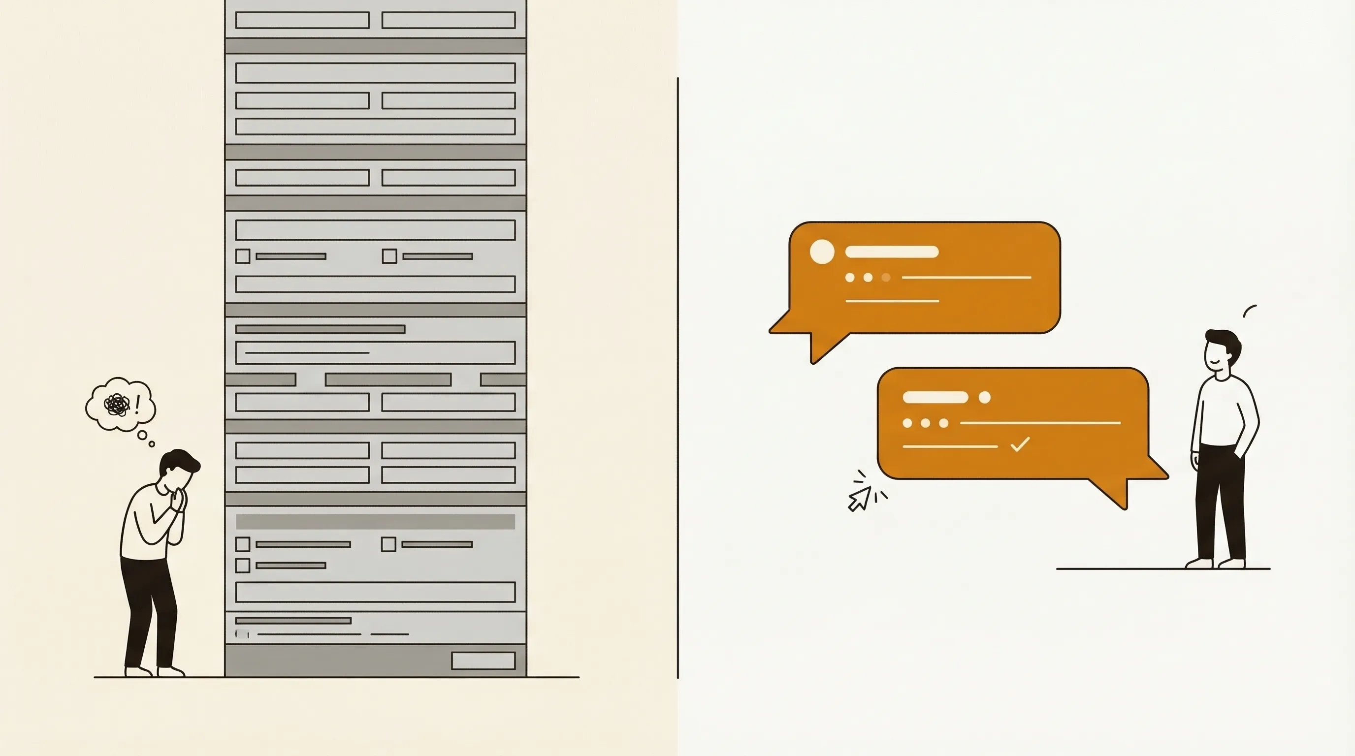 Side by side comparison: traditional form with 15 fields on the left, conversational form asking about kitchen renovation on the right