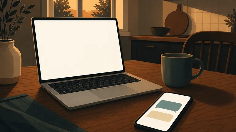 Una mesa de cocina al atardecer, la laptop cerrada y un teléfono mostrando una conversación