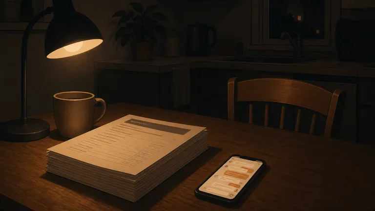 Un paquete de intake sin abrir en una mesa de noche, junto a un teléfono encendido con un chat