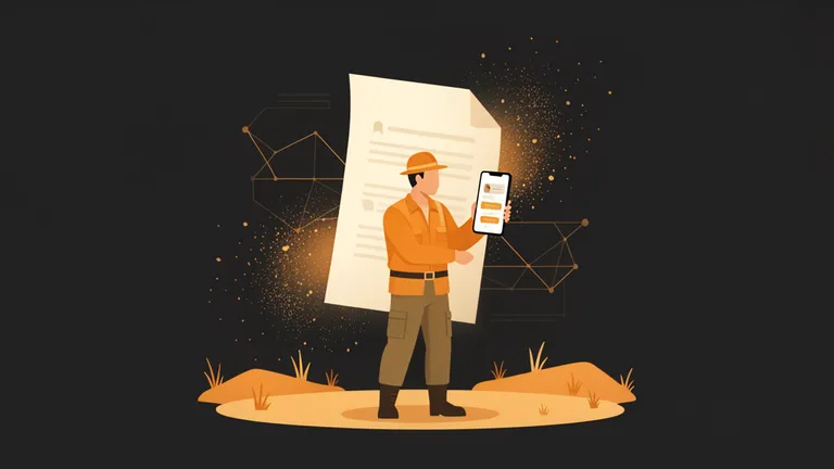 Un trabajador de campo usando un teléfono para registrar a una persona desplazada mediante intake conversacional, reemplazando un formulario largo de papel