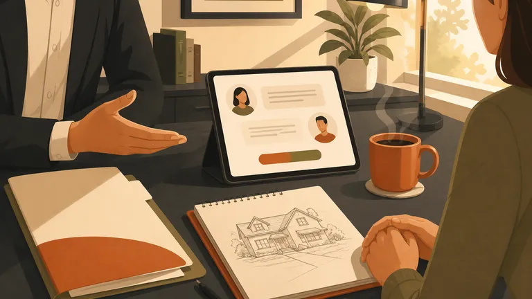 Un escritorio de seguros con una carpeta de cotización y una tablet mostrando una conversación con una etiqueta de puntaje