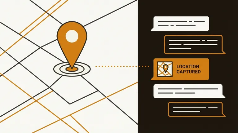 A pin dropped on a map alongside a chat conversation collecting field inspection details