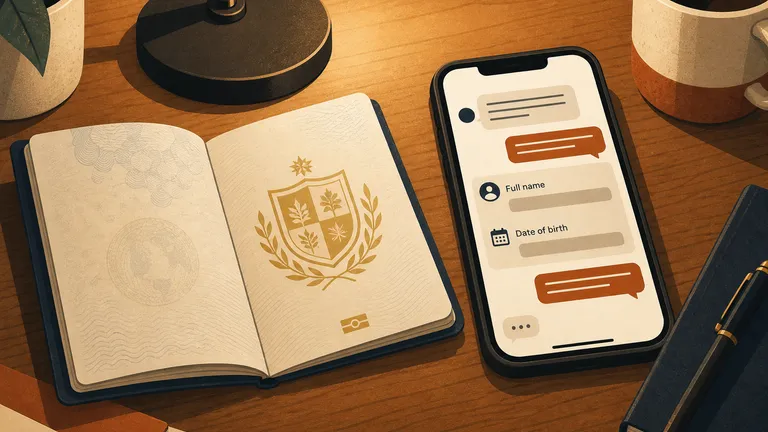 Un pasaporte abierto en un escritorio de madera junto a un teléfono con campos ya llenos