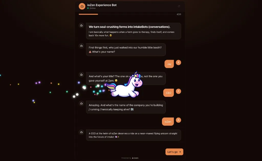 The ioZen Experience Bot mid-conversation, with a flying unicorn magic moment triggered on screen