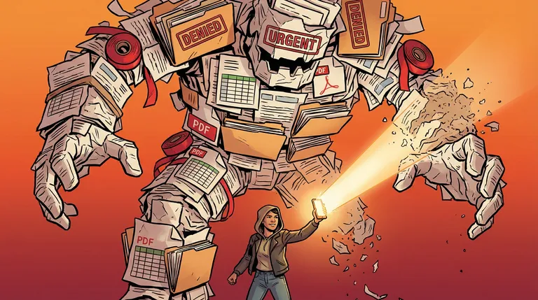 A person fighting a giant monster made of paper forms and bureaucracy