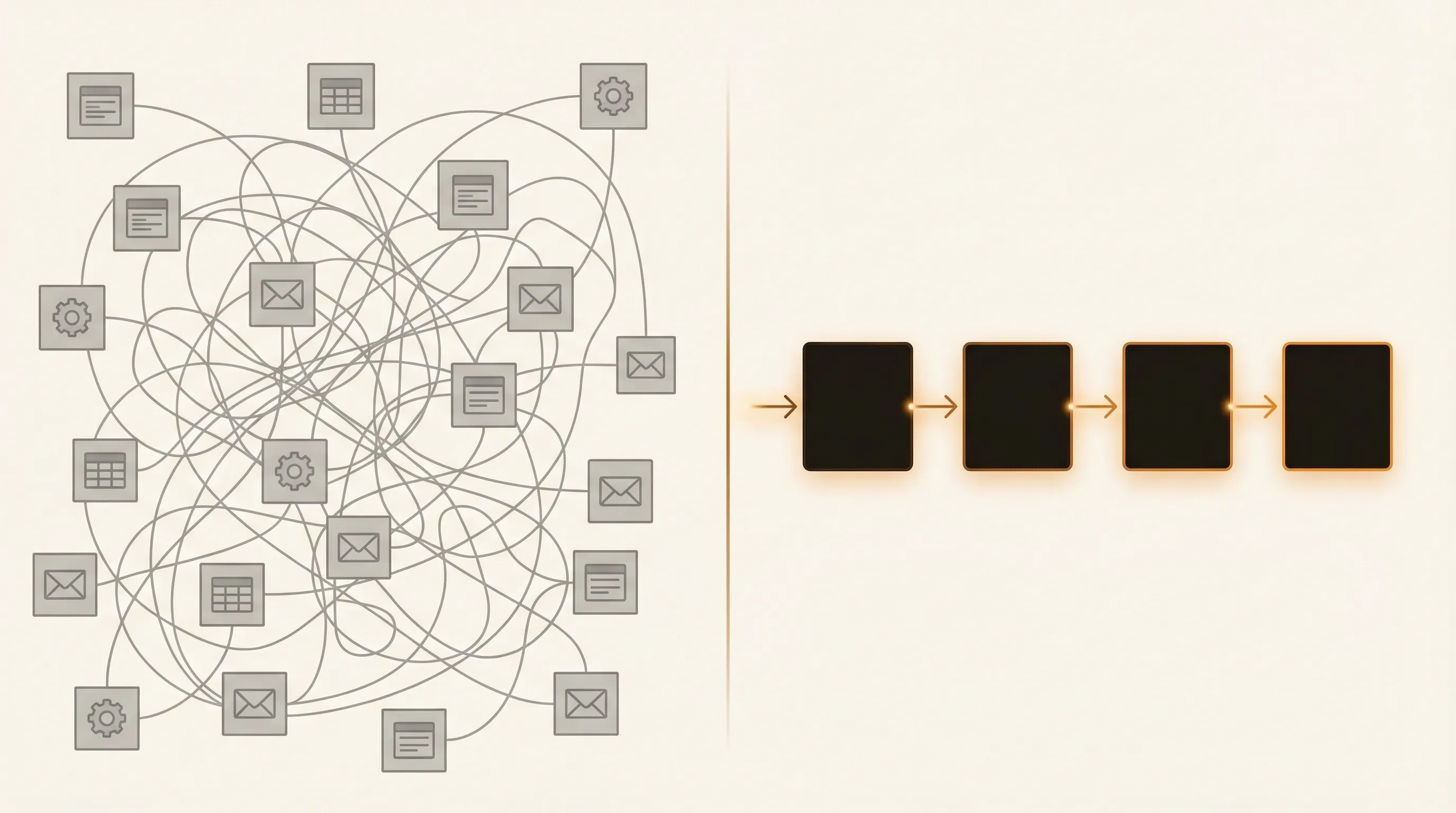 Tangled spaghetti of integrations between form, email, spreadsheet, automation, and database on the left, versus a clean four-step pipeline of intake, process, routing, and outcome on the right