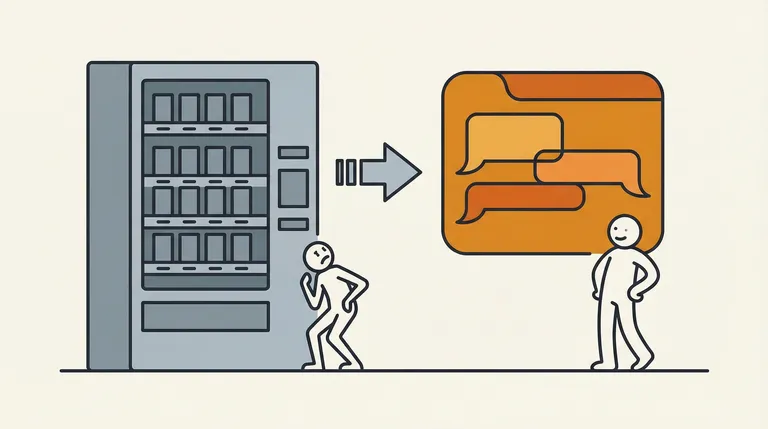 A vending machine with rigid form buttons disintegrating into a friendly chat conversation